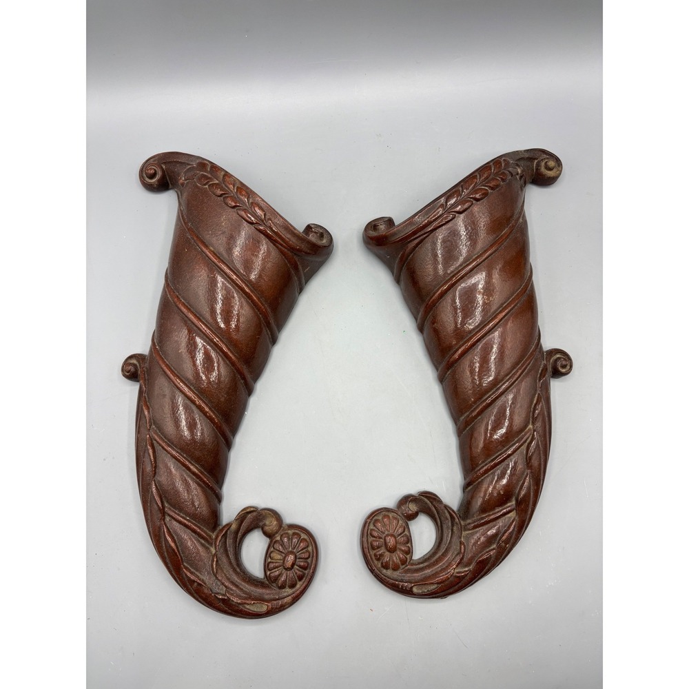 Vintage Syroco Wood Cornucopia Wall Pockets Pair Brown‎ Resin Decor